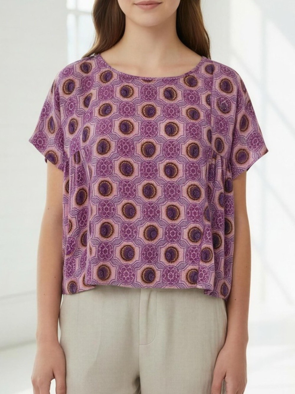 Maeve Milla Pink and Purple Patterned Boho Short Sleeve Blouse